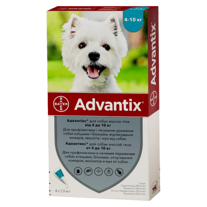 Капли на холку от блох и клещей Bayer Advantix для собак весом от 4 до 10 кг 4 х 1 мл